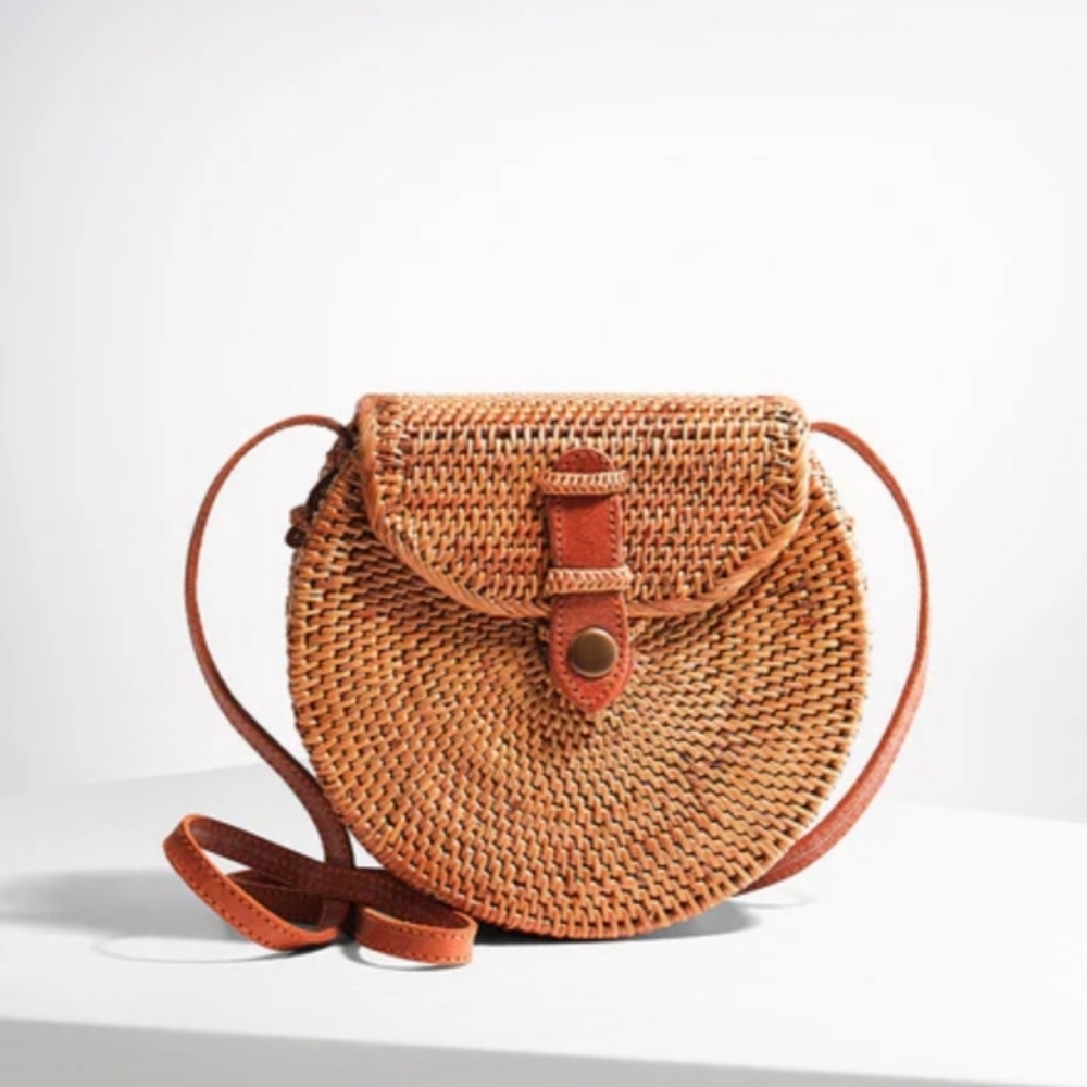 Bali Ata Grass Rattan and Leather Crossbody Bag